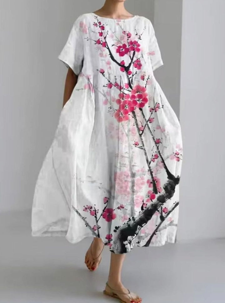 Women's Loose Short-Sleeve Floral Applique Round-Neck Maxi Dress - White Pink