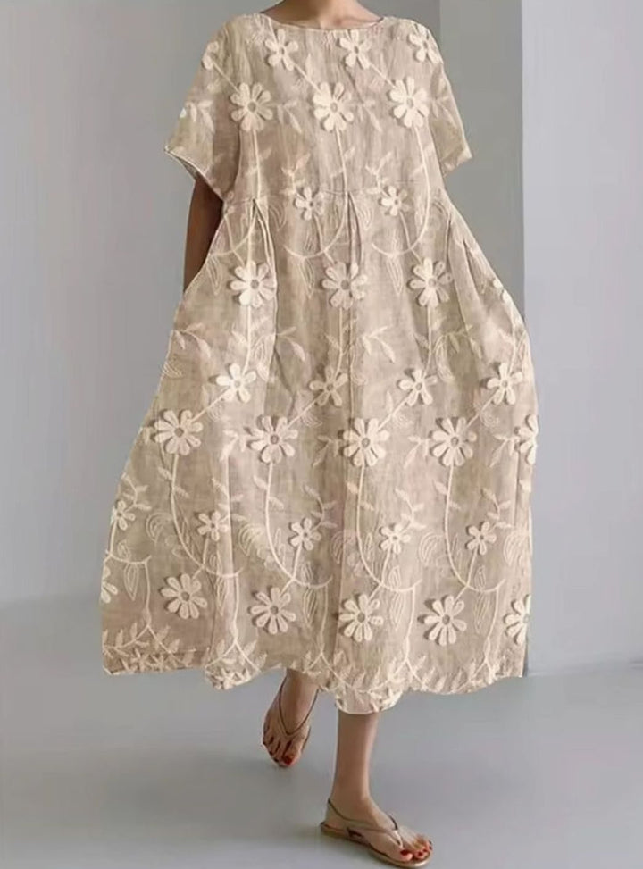 Women's Loose Short-Sleeve Floral Applique Round-Neck Maxi Dress - Floral Khaki