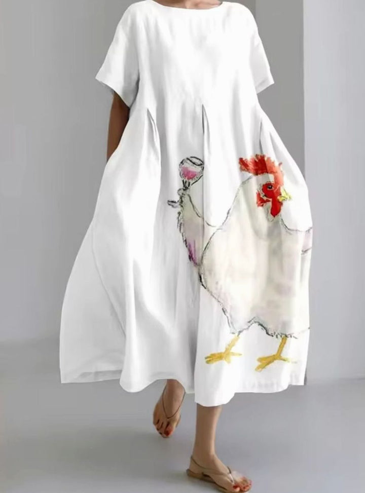 Women's Loose Short-Sleeve Floral Applique Round-Neck Maxi Dress - Printed White