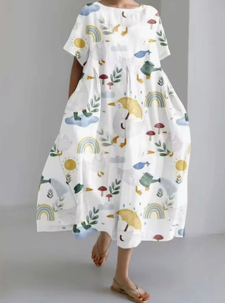 Women's Loose Short-Sleeve Floral Applique Round-Neck Maxi Dress - Multi Print