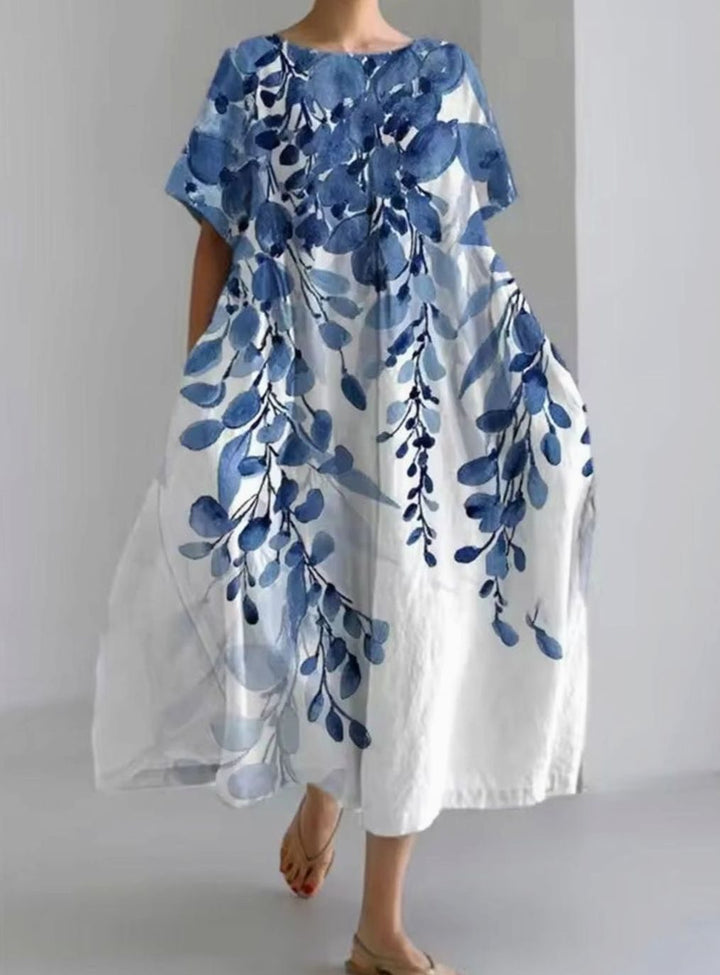 Women's Loose Short-Sleeve Floral Applique Round-Neck Maxi Dress - Floral Blue