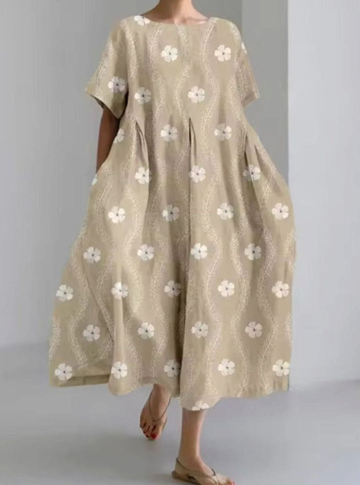 Women's Loose Short-Sleeve Floral Applique Round-Neck Maxi Dress - Floral Brown