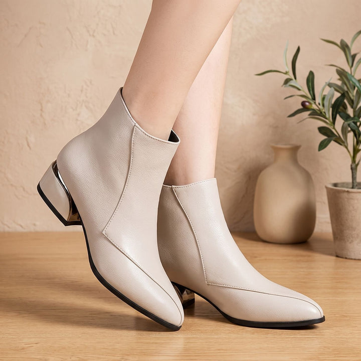 Women's Low-Heeled Ankle Boots Pointed-Toe Side-Zip Metallic Heel