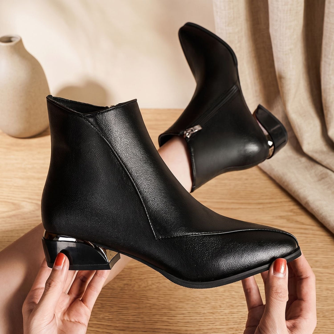 Women's Low-Heeled Ankle Boots Pointed-Toe Side-Zip Metallic Heel - Midnight Black