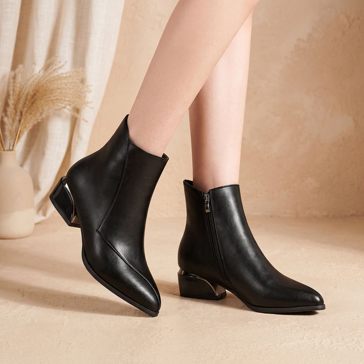 Women's Low-Heeled Ankle Boots Pointed-Toe Side-Zip Metallic Heel