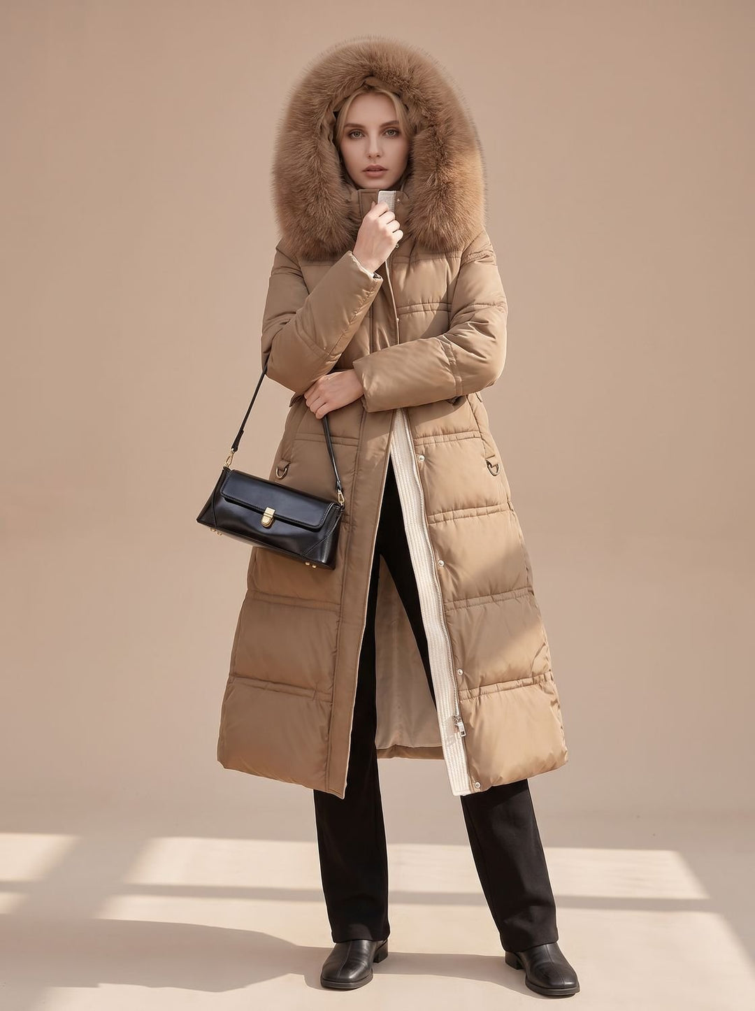 Women's Luxury Fur-Hood Long Puffer Winter Parka - Brown