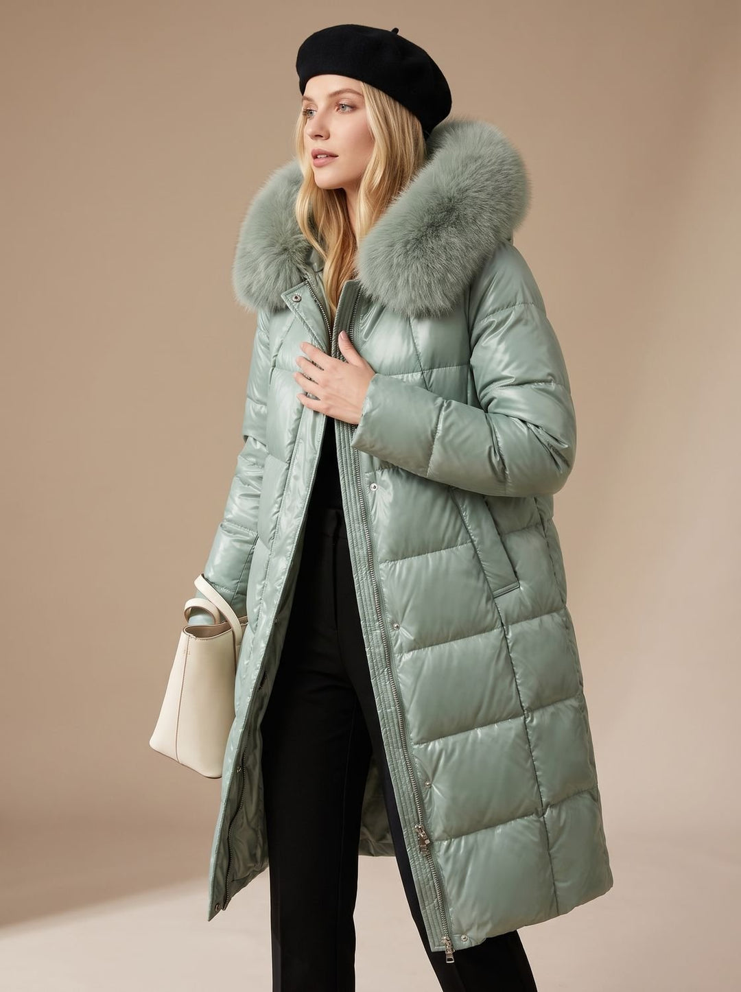 Women's Luxury Fur-Hood Long Puffer Winter Parka - Blue
