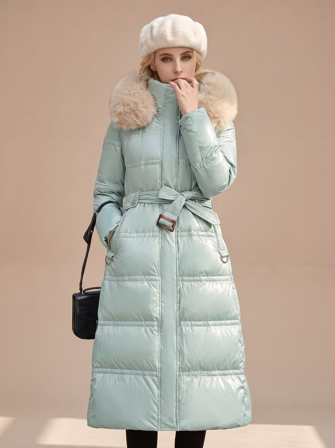 Women's Luxury Fur-Hood Long Puffer Winter Parka - Blue and White