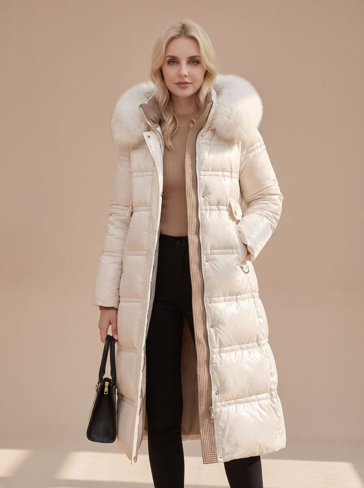 Women's Luxury Fur-Hood Long Puffer Winter Parka - White