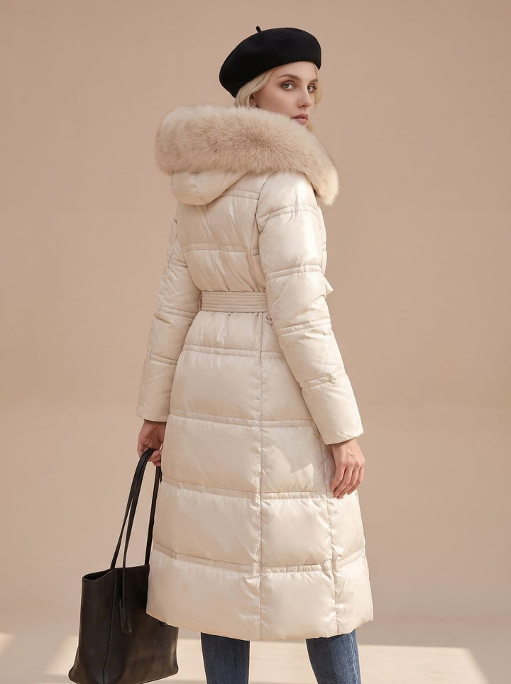 Women's Luxury Fur-Hood Long Puffer Winter Parka - White and Beige