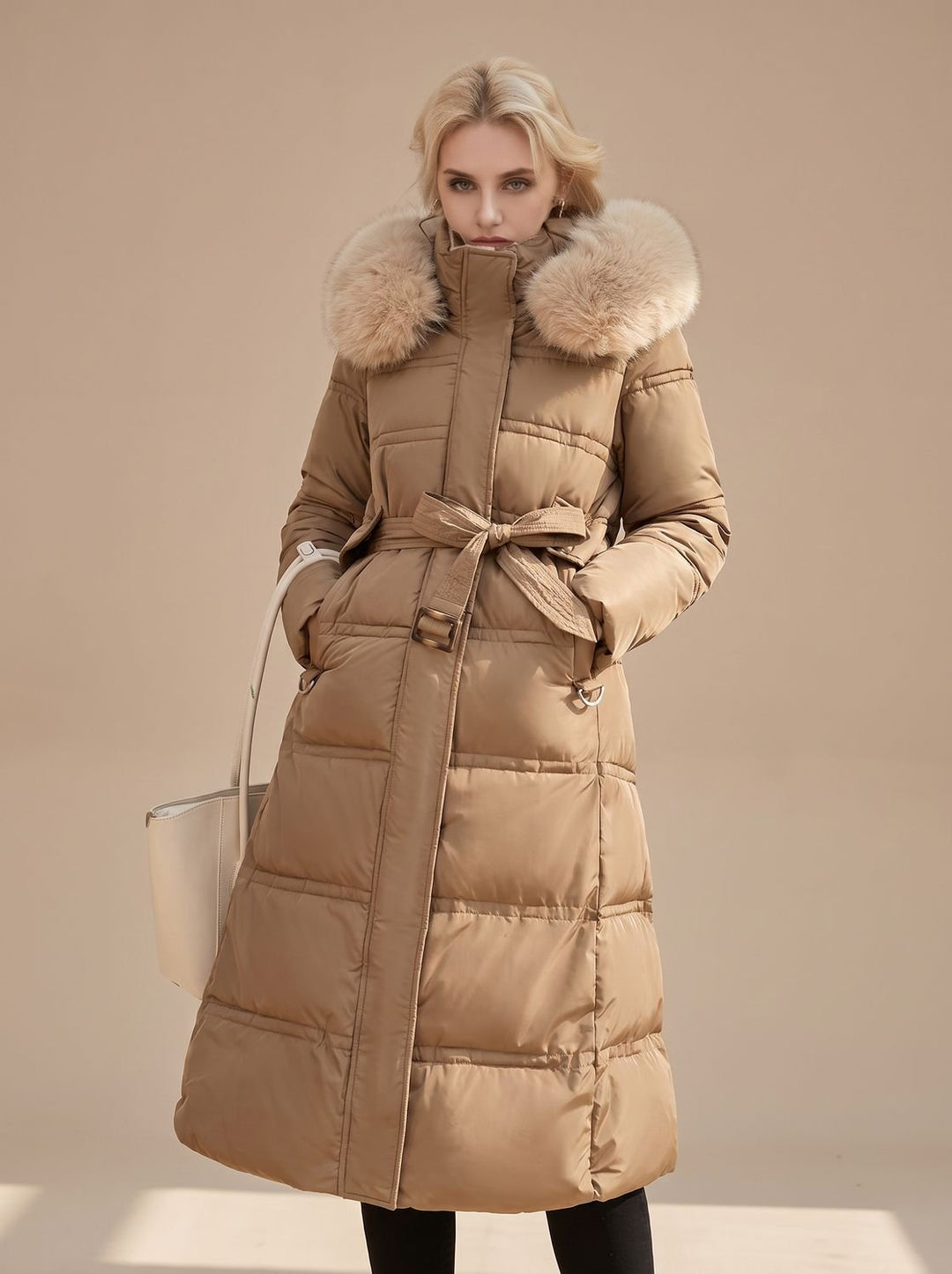 Women's Luxury Fur-Hood Long Puffer Winter Parka - Brown and Beige