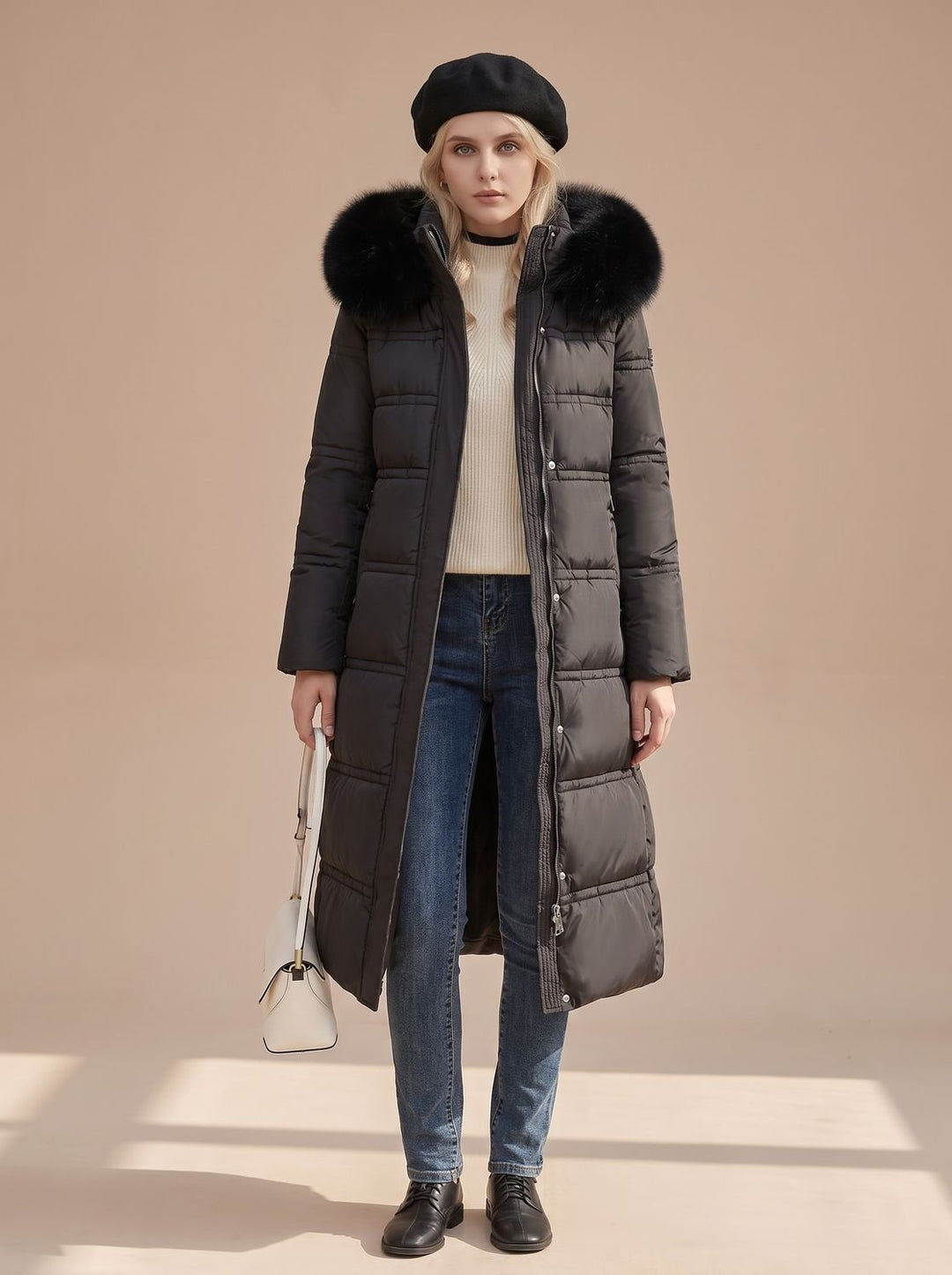 Women's Luxury Fur-Hood Long Puffer Winter Parka - Black
