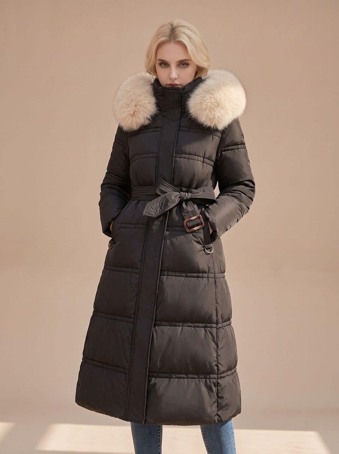 Women's Luxury Fur-Hood Long Puffer Winter Parka - Black and White