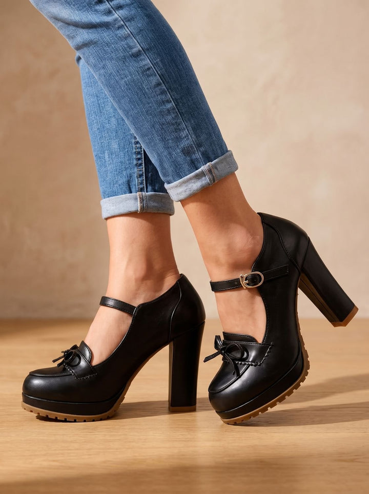 Women's Mary Jane Block-Heel Platform Bow Pumps