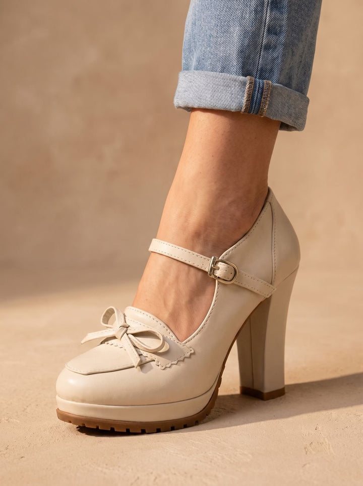 Women's Mary Jane Block-Heel Platform Bow Pumps