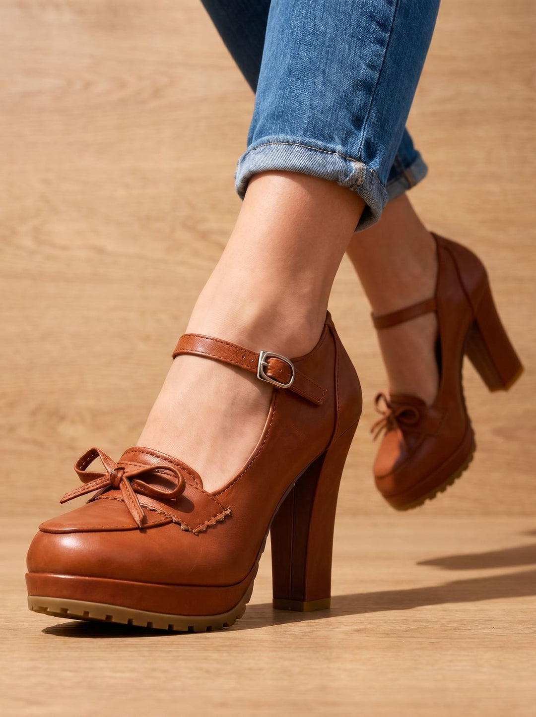 Women's Mary Jane Block-Heel Platform Bow Pumps