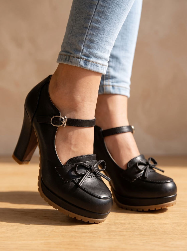 Women's Mary Jane Block-Heel Platform Bow Pumps - Black