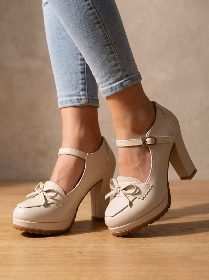 Women's Mary Jane Block-Heel Platform Bow Pumps - Cream