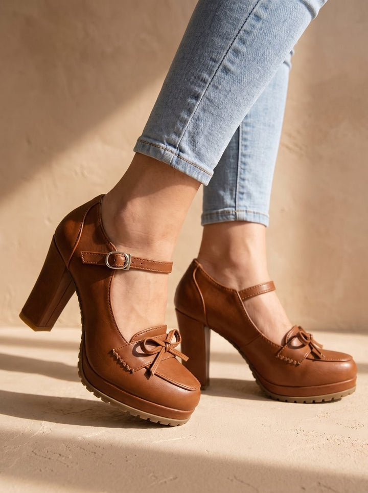 Women's Mary Jane Block-Heel Platform Bow Pumps - Brown