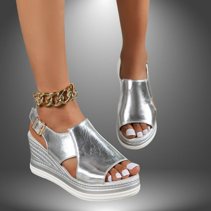Women's Metallic Silver Chain-Strap Platform Wedge Sandals
