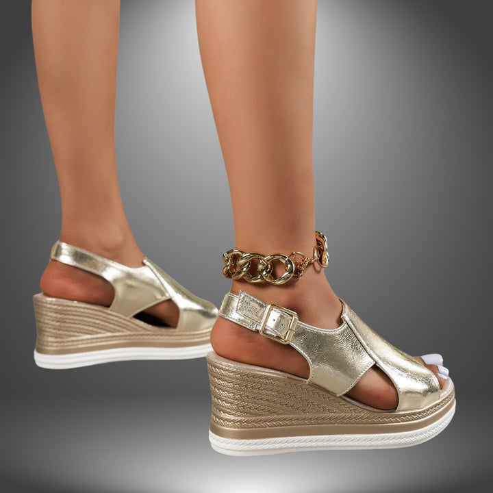 Women's Metallic Silver Chain-Strap Platform Wedge Sandals