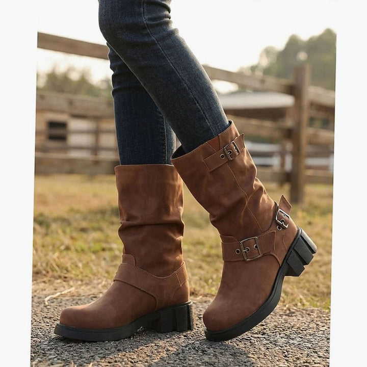 Women's Mid-Calf Buckle-Strap Slouch Biker Boots