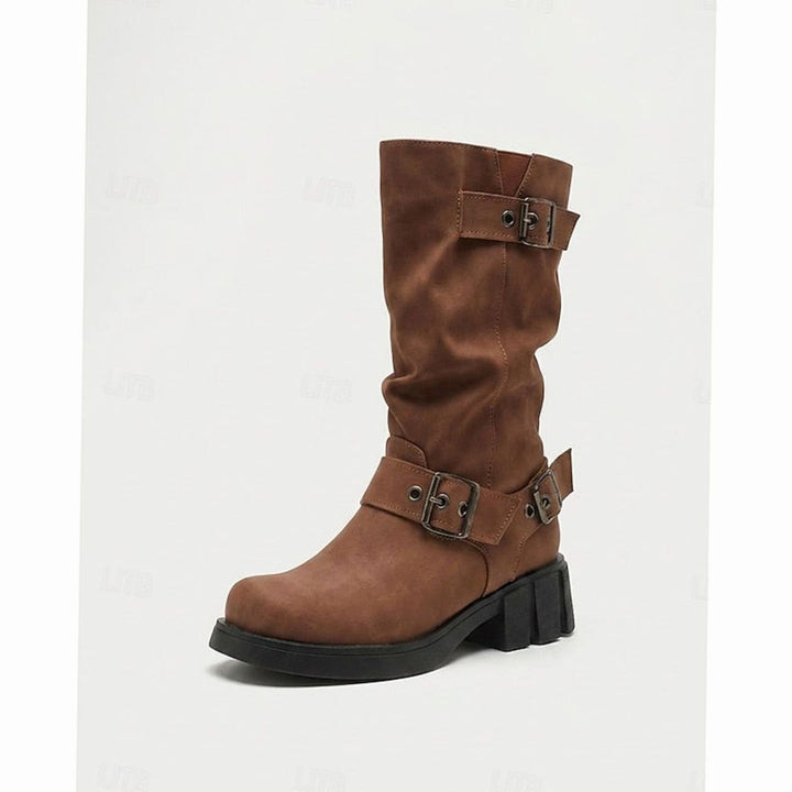Women's Mid-Calf Buckle-Strap Slouch Biker Boots - Brown