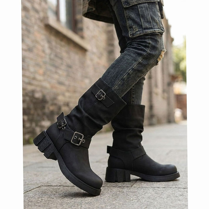 Women's Mid-Calf Buckle-Strap Slouch Biker Boots