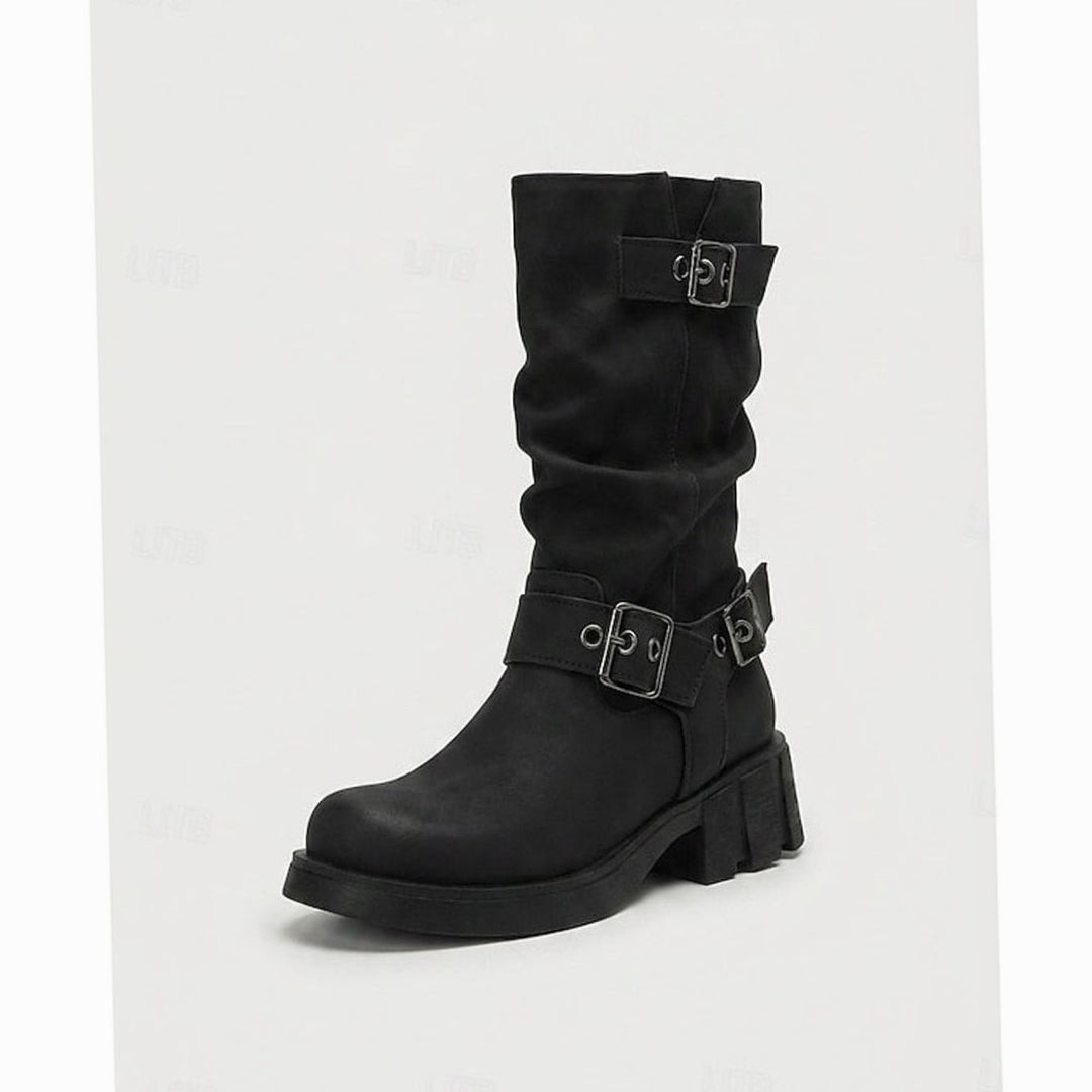 Women's Mid-Calf Buckle-Strap Slouch Biker Boots - Black