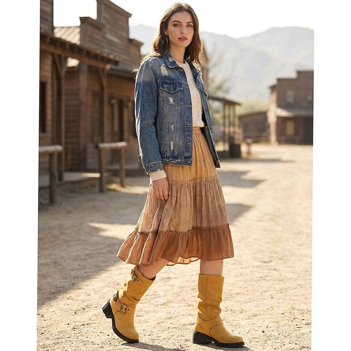 Women's Mid-Calf Buckle-Strap Slouch Biker Boots