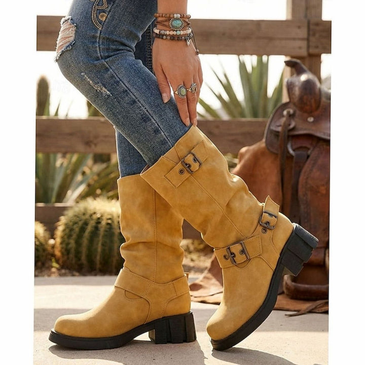 Women's Mid-Calf Buckle-Strap Slouch Biker Boots