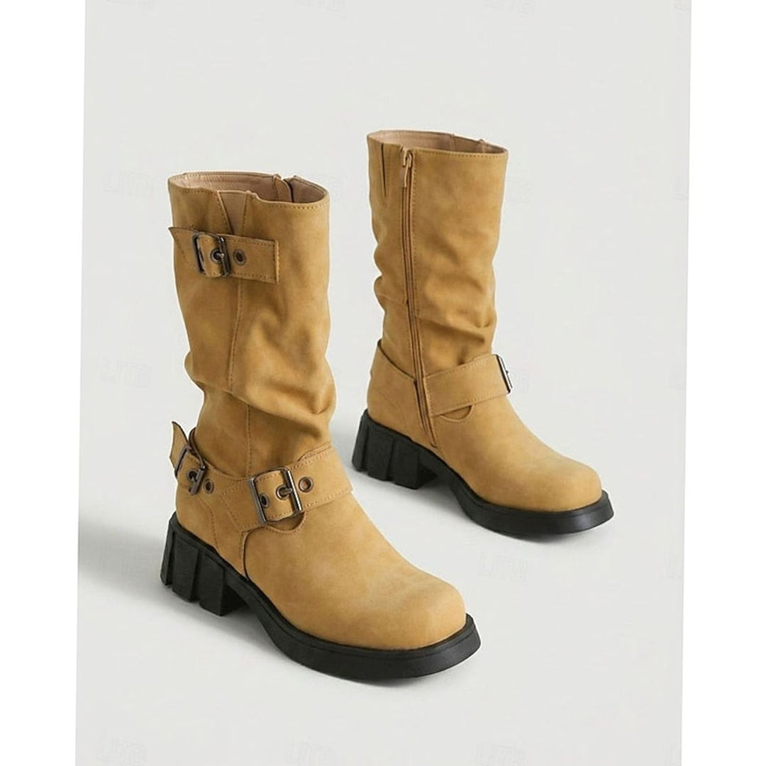 Women's Mid-Calf Buckle-Strap Slouch Biker Boots