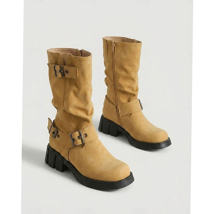 Women's Mid-Calf Buckle-Strap Slouch Biker Boots