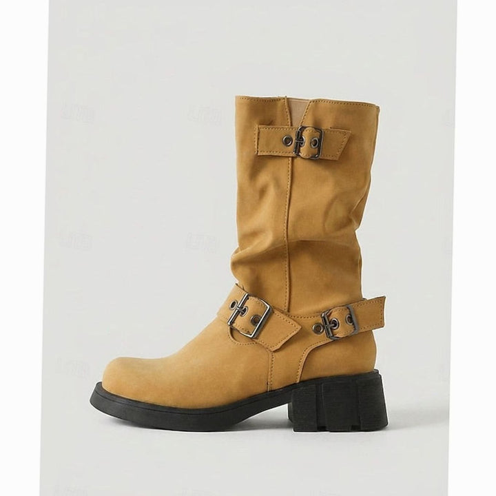 Women's Mid-Calf Buckle-Strap Slouch Biker Boots
