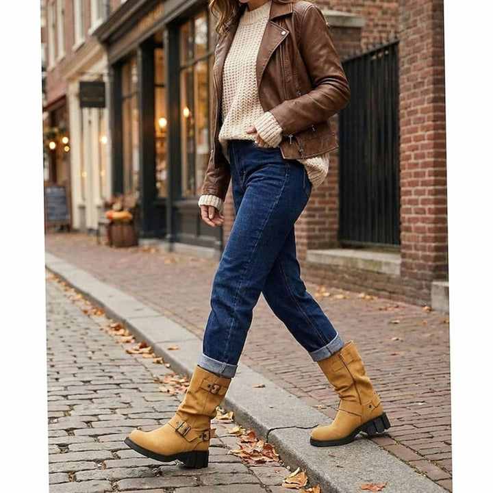 Women's Mid-Calf Buckle-Strap Slouch Biker Boots