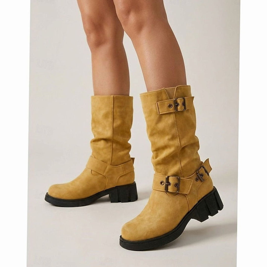 Women's Mid-Calf Buckle-Strap Slouch Biker Boots
