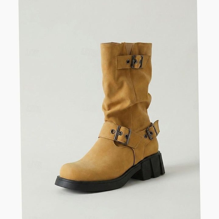Women's Mid-Calf Buckle-Strap Slouch Biker Boots - Yellow