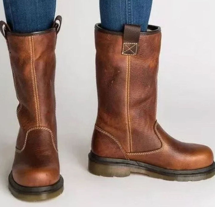 Women's Mid-Calf Pull-On Round-Toe Lined Leather Boots - Brown