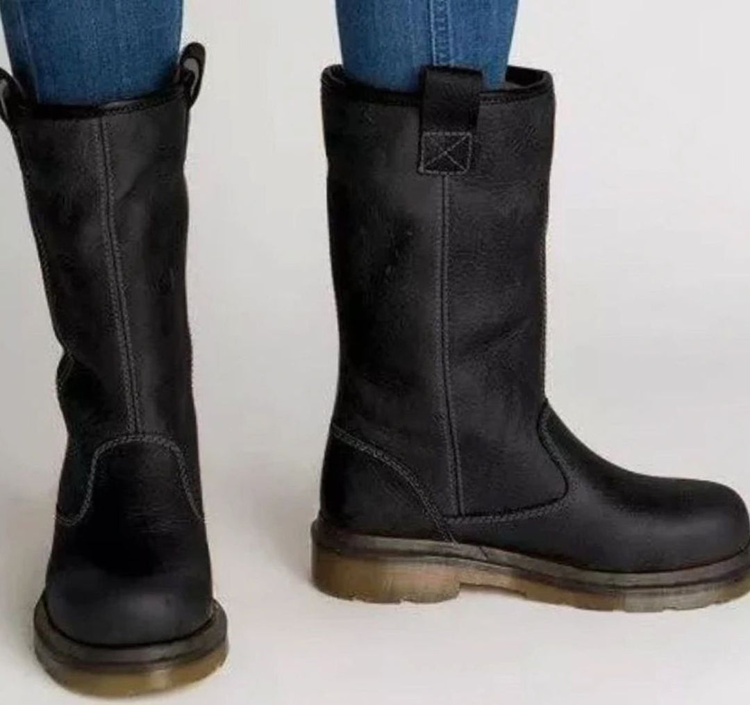 Women's Mid-Calf Pull-On Round-Toe Lined Leather Boots - Black