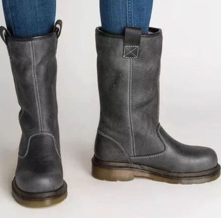 Women's Mid-Calf Pull-On Round-Toe Lined Leather Boots - Gray