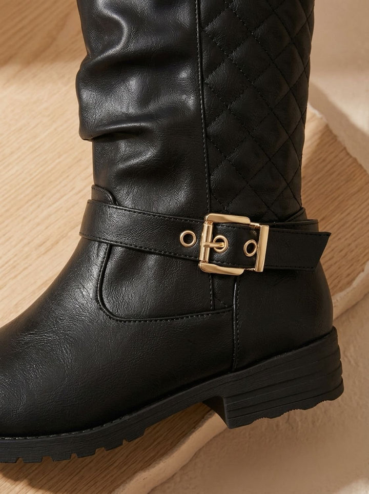 Women's Mid-Calf Slouch Boots Buckle Accent Low Block Heel