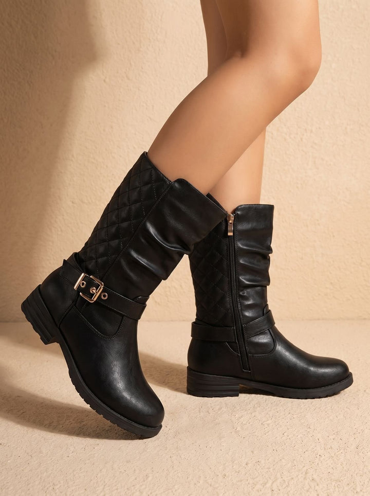 Women's Mid-Calf Slouch Boots Buckle Accent Low Block Heel