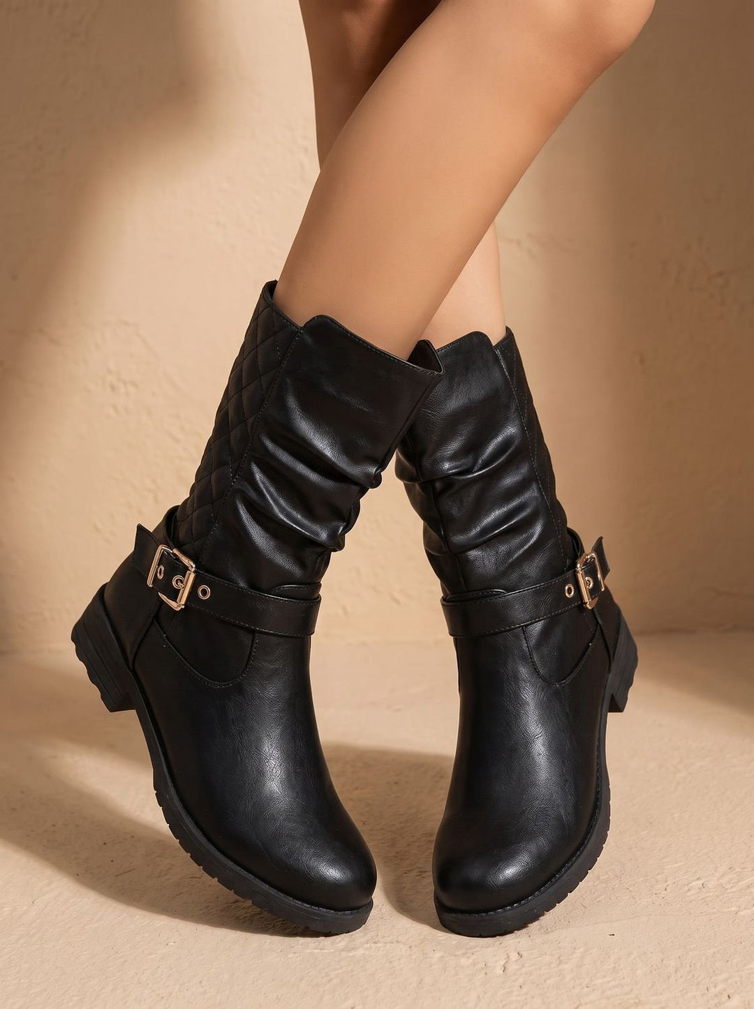 Women's Mid-Calf Slouch Boots Buckle Accent Low Block Heel