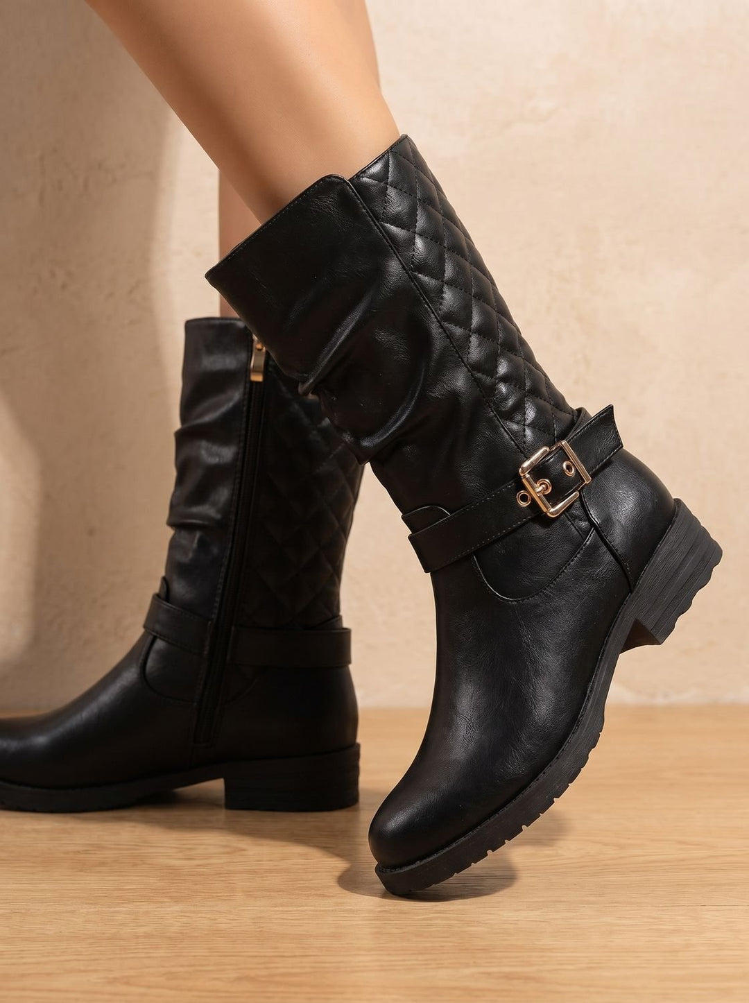 Women's Mid-Calf Slouch Boots Buckle Accent Low Block Heel