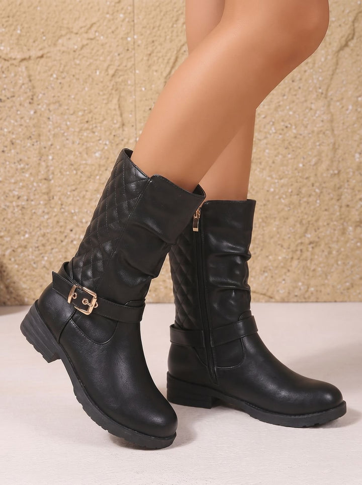 Women's Mid-Calf Slouch Boots Buckle Accent Low Block Heel