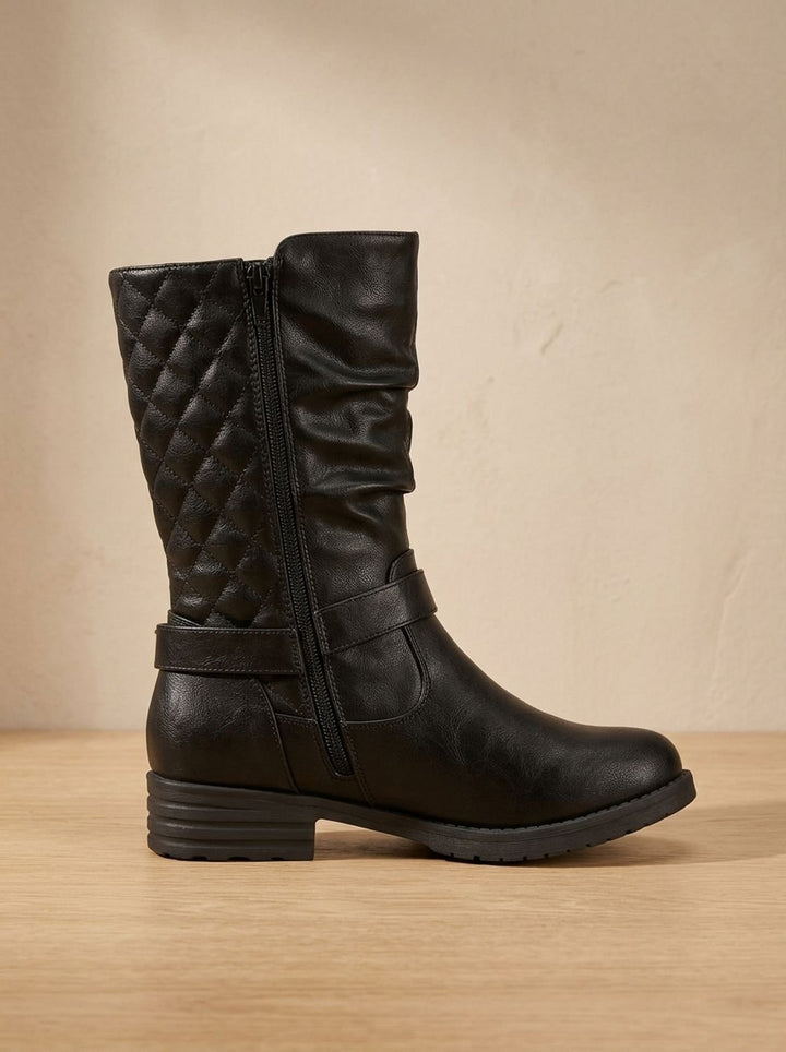 Women's Mid-Calf Slouch Boots Buckle Accent Low Block Heel