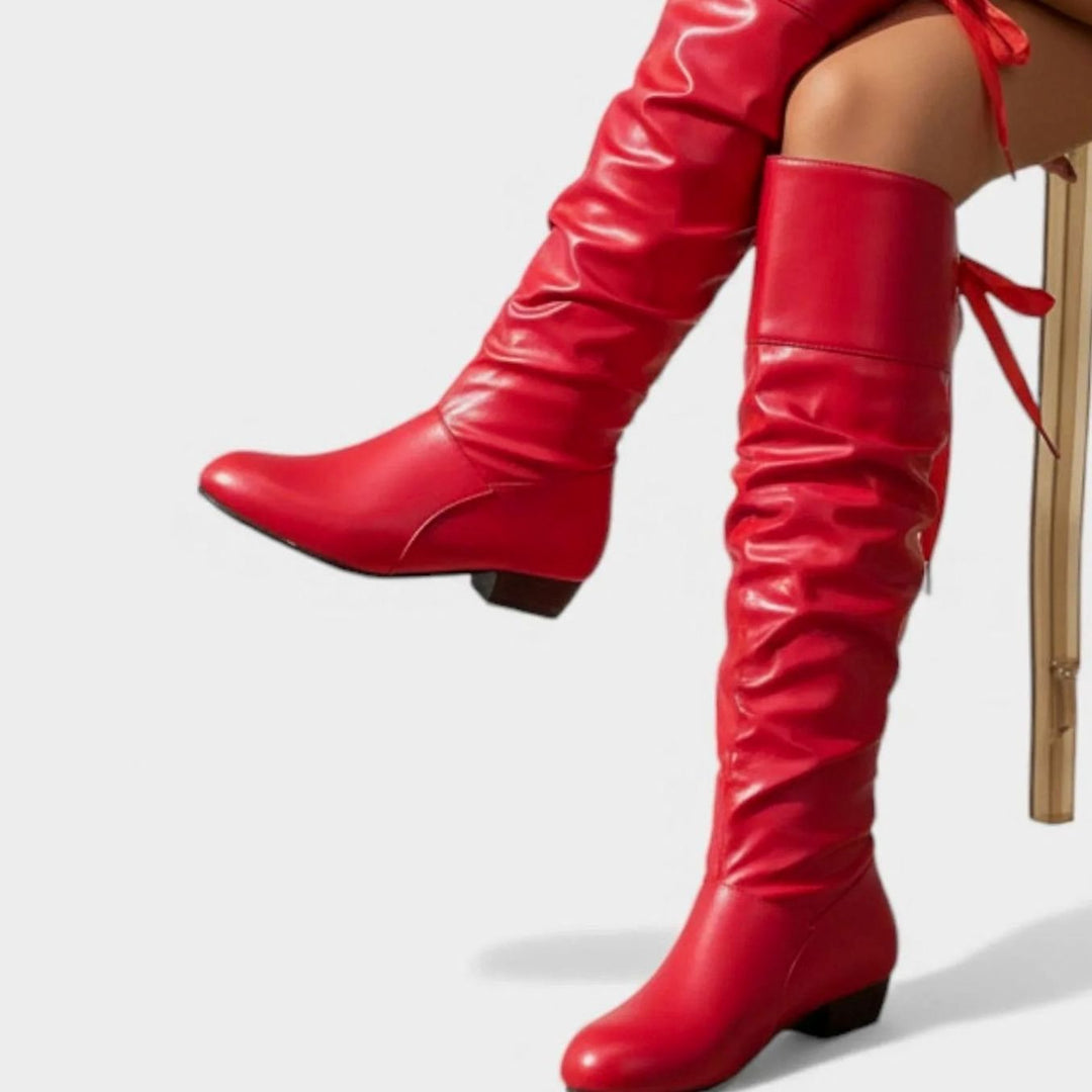 Women's Mid-Calf Slouch Boots Low Heel Bow-Tie Detail - Red