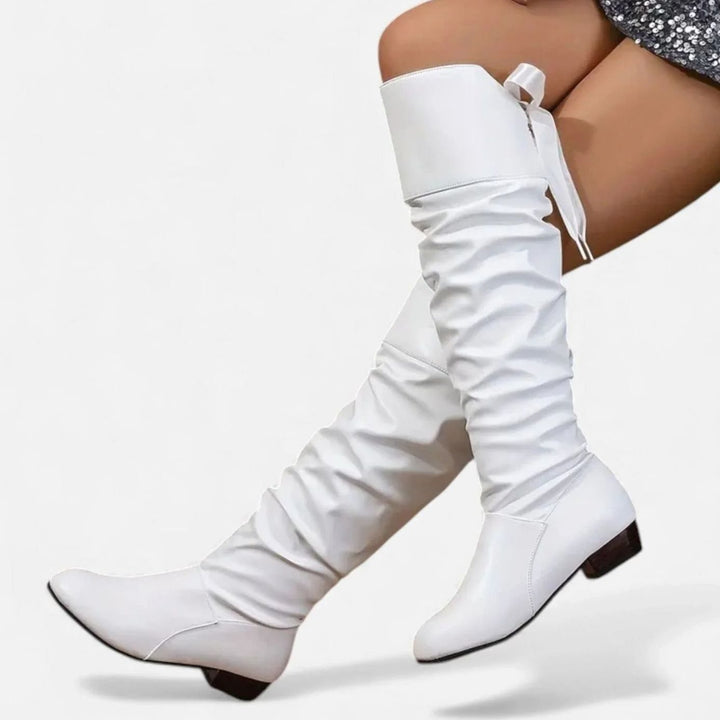 Women's Mid-Calf Slouch Boots Low Heel Bow-Tie Detail - White