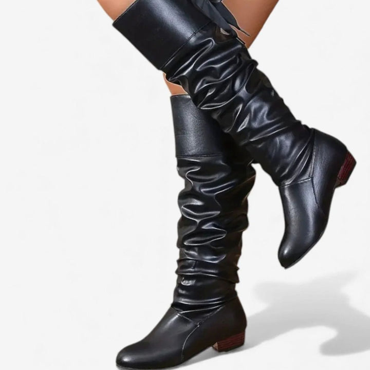 Women's Mid-Calf Slouch Boots Low Heel Bow-Tie Detail - Black