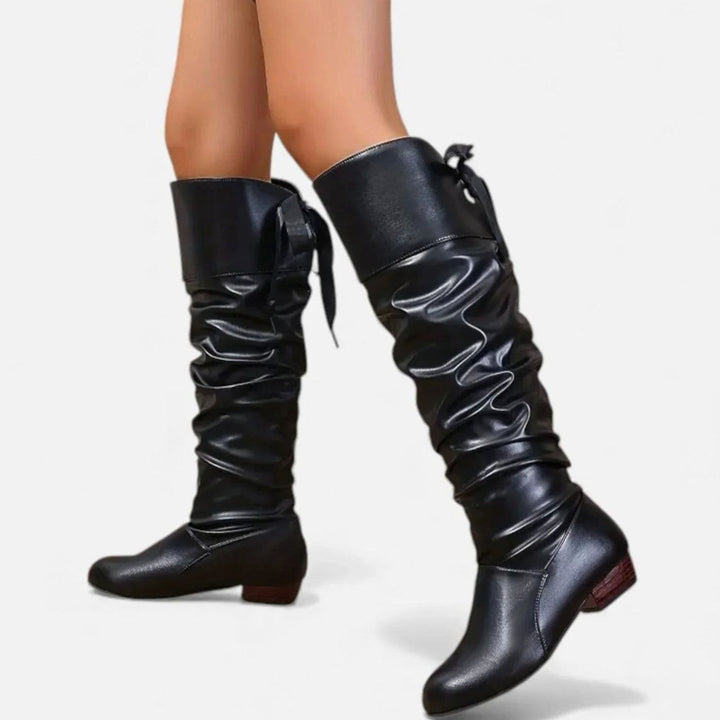 Women's Mid-Calf Slouch Boots Low Heel Bow-Tie Detail